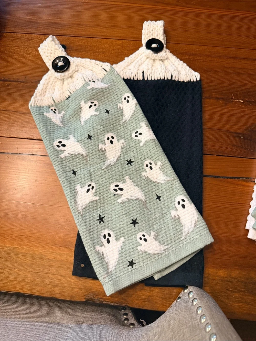 Halloween Kitchen Towels with Handmade Knit Topper Set of Two|